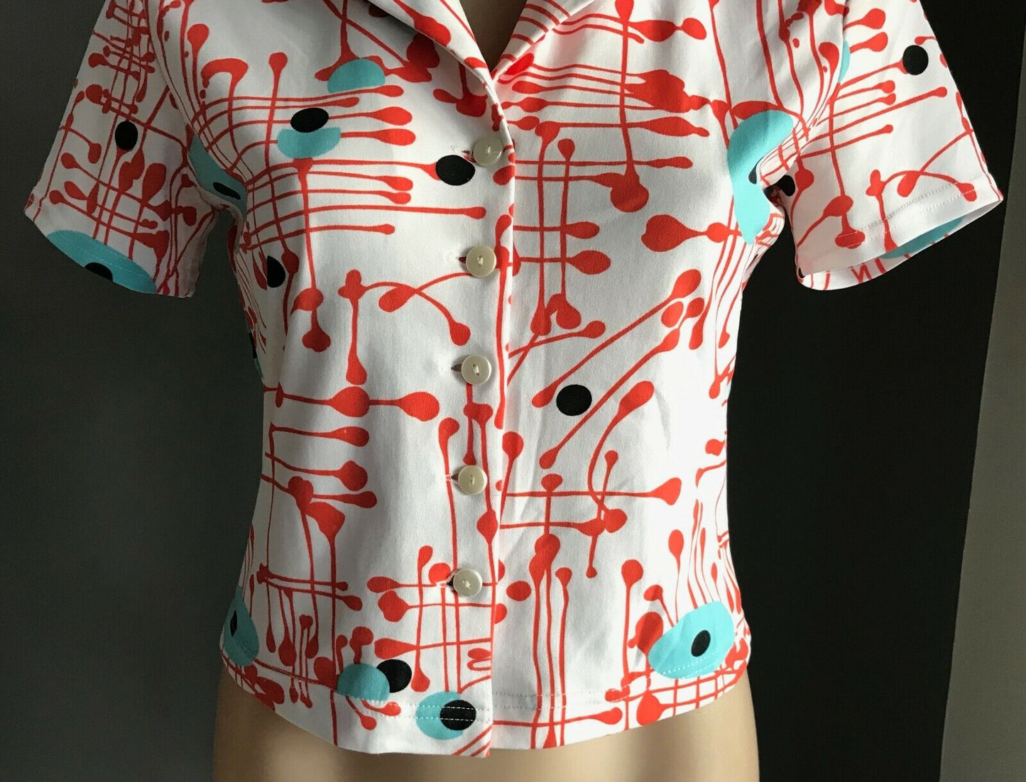 JOHNNY DEXTER White Stretch Shirt Top Orange Blue Black Splatter Print Sz 10 Vtg