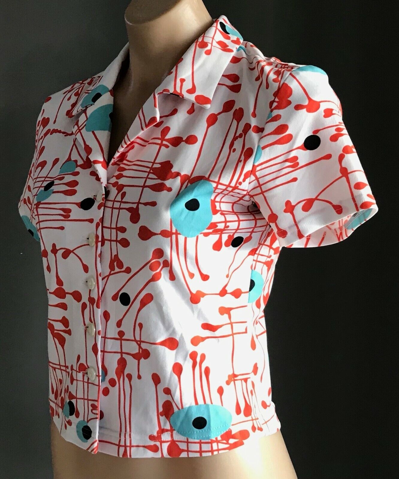 JOHNNY DEXTER White Stretch Shirt Top Orange Blue Black Splatter Print Sz 10 Vtg