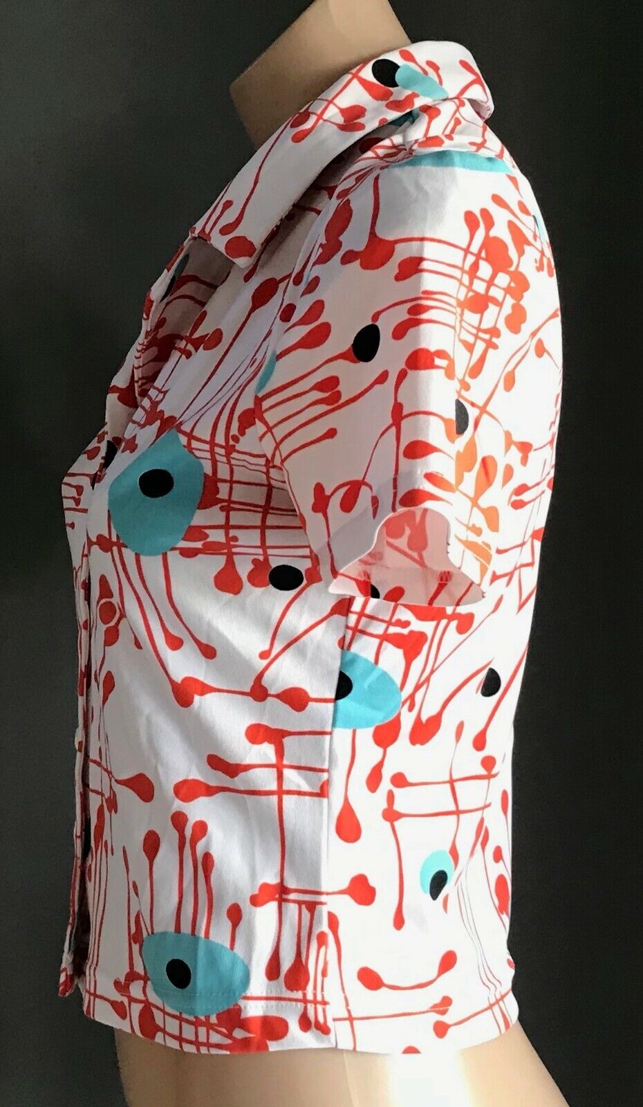 JOHNNY DEXTER White Stretch Shirt Top Orange Blue Black Splatter Print Sz 10 Vtg