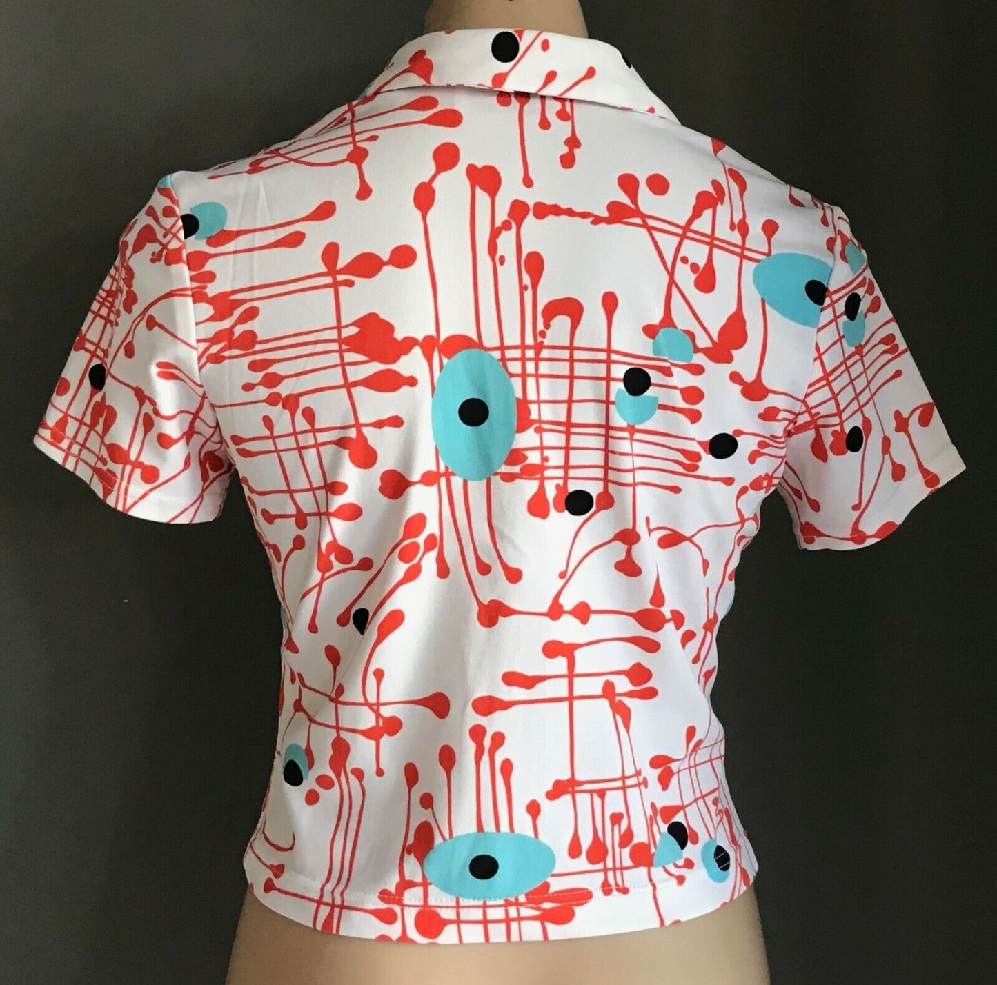 JOHNNY DEXTER White Stretch Shirt Top Orange Blue Black Splatter Print Sz 10 Vtg