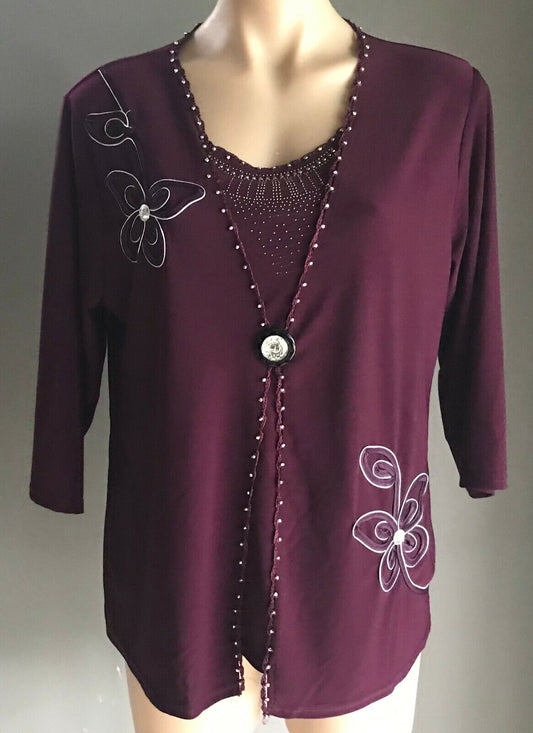 Ladies Top ELEGANT Aubergine Purple 3/4 Stretch Floral Applique Crystals Sz L 14