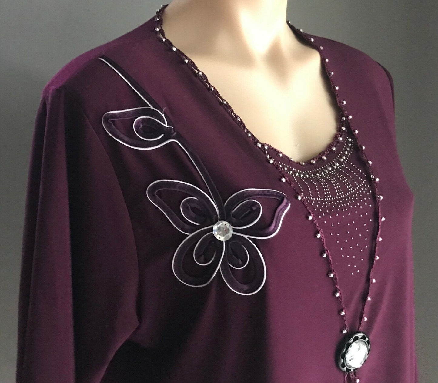 Ladies Top ELEGANT Aubergine Purple 3/4 Stretch Floral Applique Crystals Sz L 14
