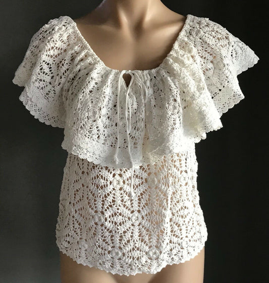 Boho Crochet Top Stunning & Unique Handmade w Tie Ruffle Neck Ladies Size 10-12