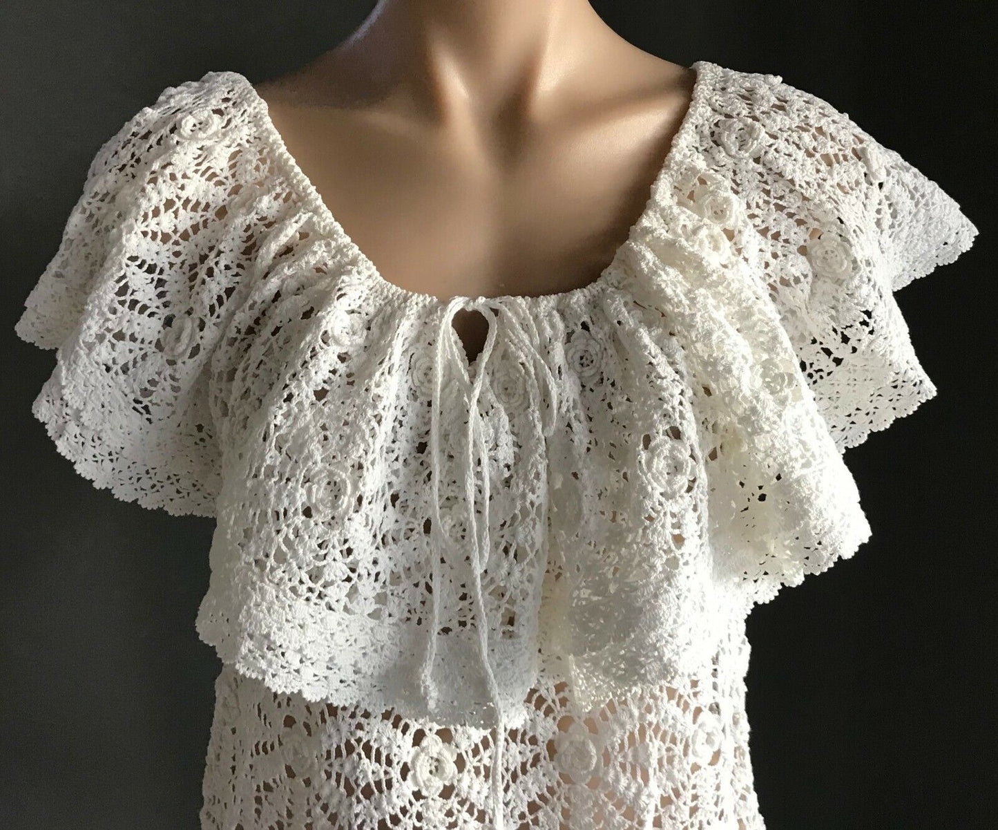 Boho Crochet Top Stunning & Unique Handmade w Tie Ruffle Neck Ladies Size 10-12