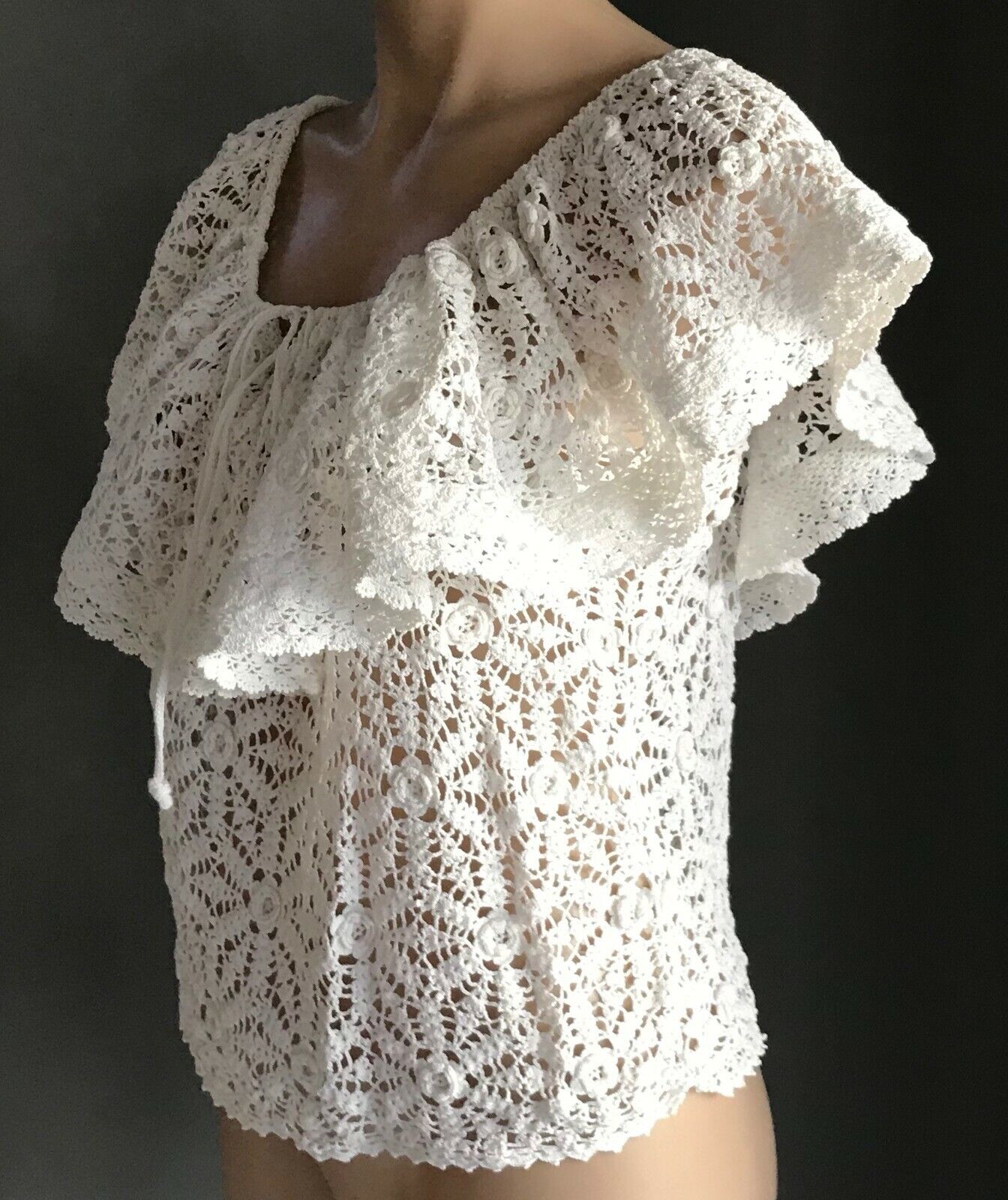 Boho Crochet Top Stunning & Unique Handmade w Tie Ruffle Neck Ladies Size 10-12