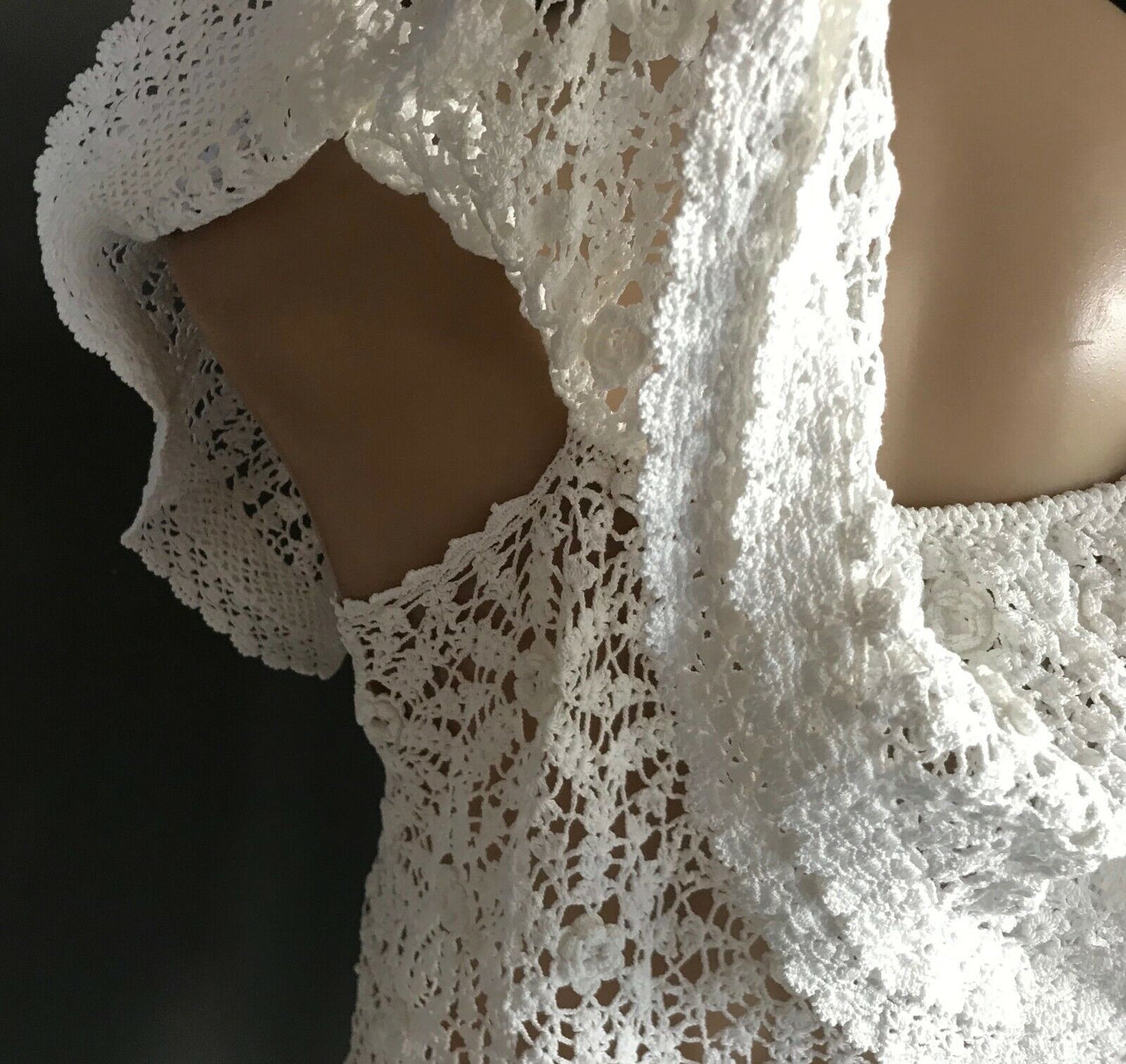 Boho Crochet Top Stunning & Unique Handmade w Tie Ruffle Neck Ladies Size 10-12