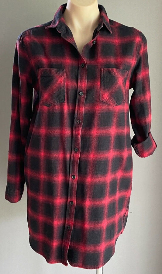 ALL ABOUT EVE Long Shirt Red & Black Plaid Check Adjust Sleeves Blouse Size 8 10