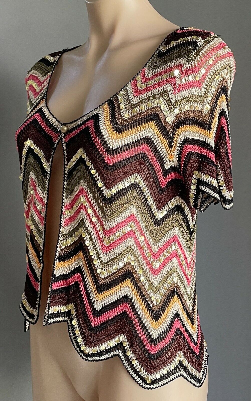 CROCHET CARDIGAN Zig Zag Short Sleeve Gold Sequin Trim Colourful Size 10 Vintage