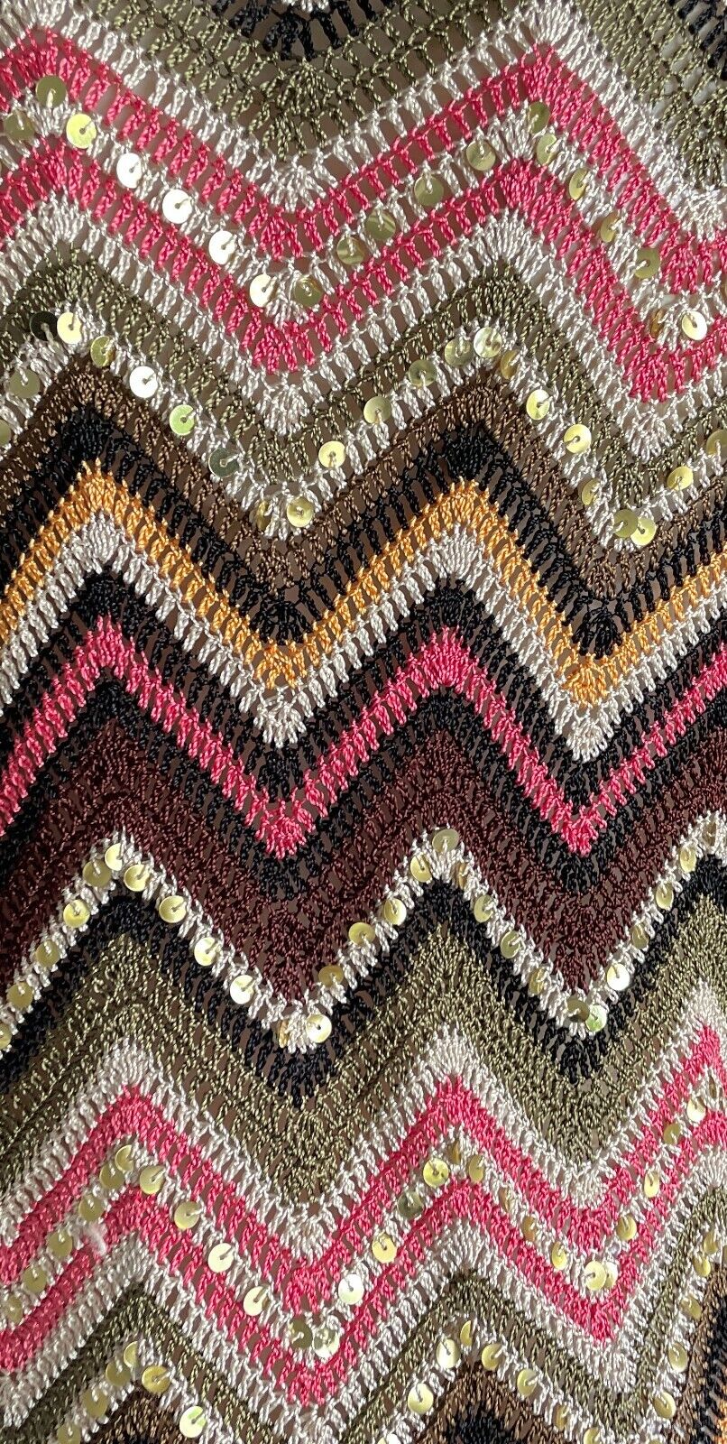 CROCHET CARDIGAN Zig Zag Short Sleeve Gold Sequin Trim Colourful Size 10 Vintage