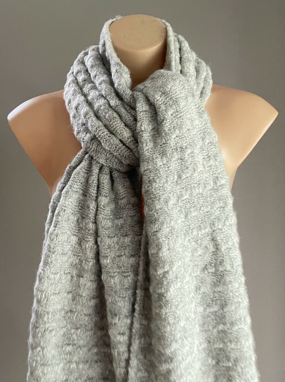 SCARF Ladies Wool Knit Large Grey Decorative Stitch Wrap - Super Warm & Cosy