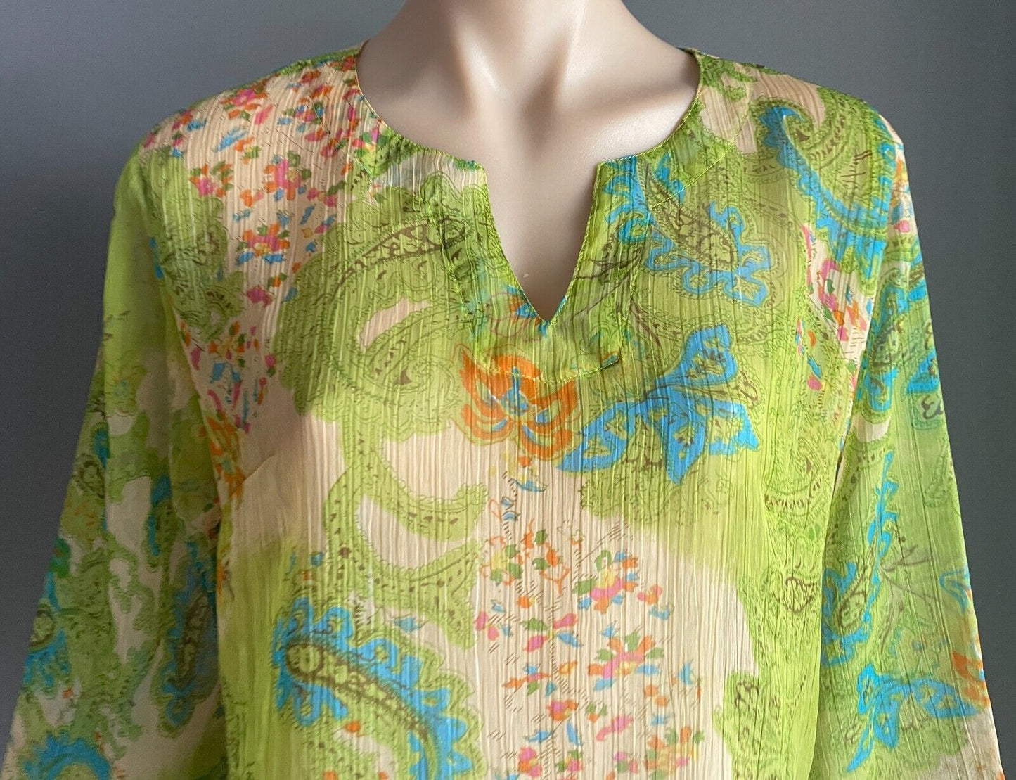Beach Cover Top Multicoloured Tunic Paisley & Floral Semi Sheer 3/4 Sleeve Sz 10