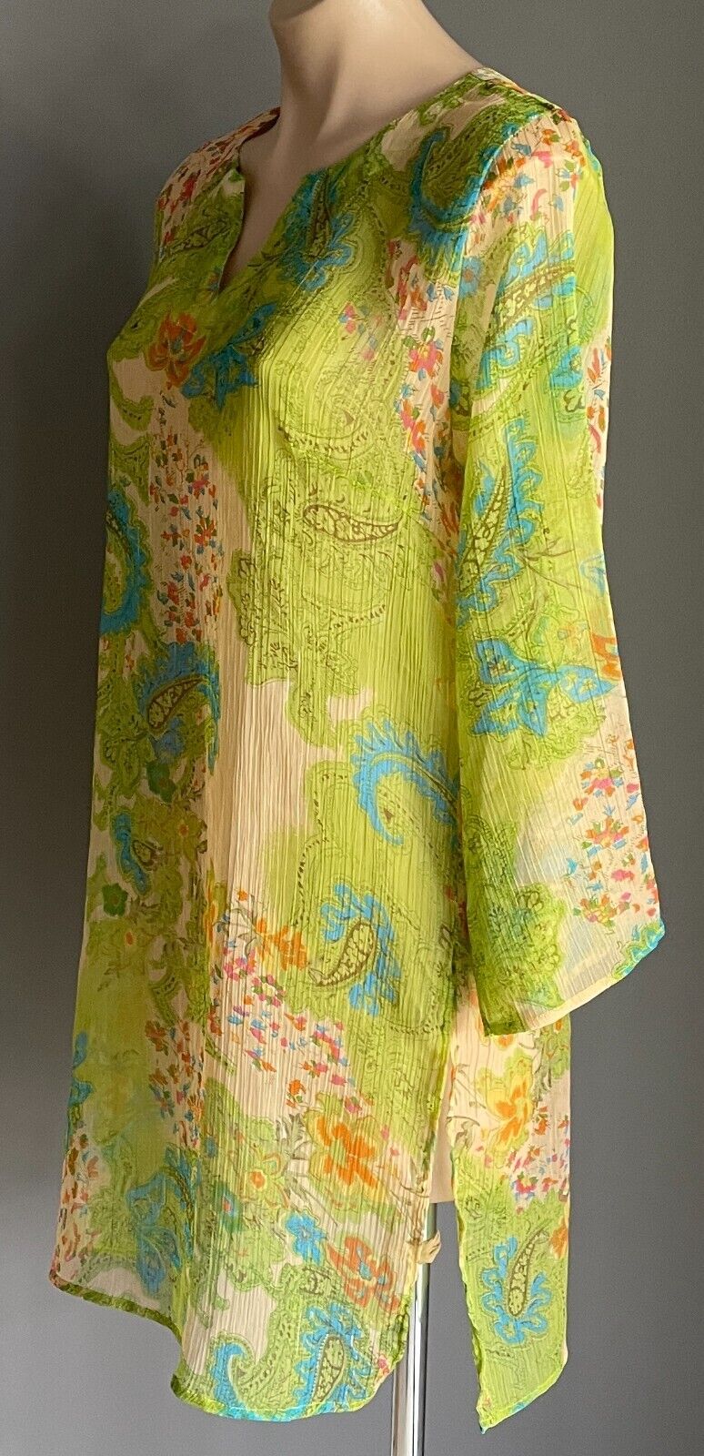 Beach Cover Top Multicoloured Tunic Paisley & Floral Semi Sheer 3/4 Sleeve Sz 10