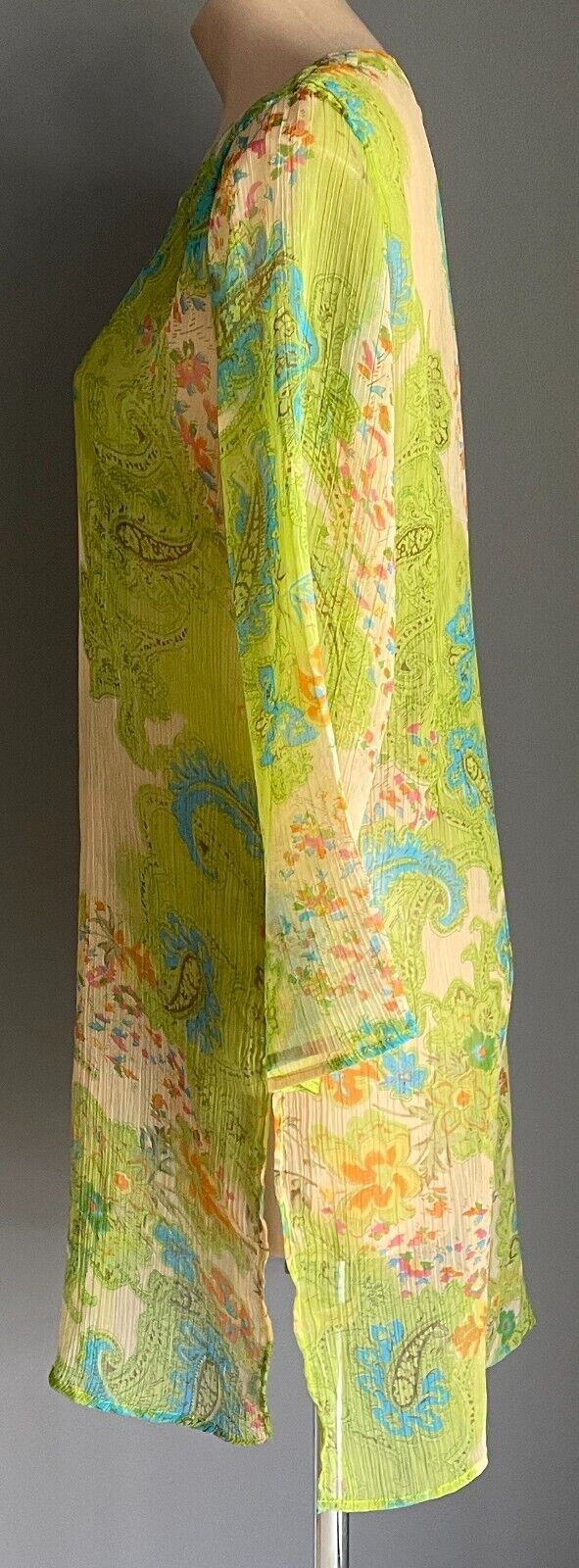 Beach Cover Top Multicoloured Tunic Paisley & Floral Semi Sheer 3/4 Sleeve Sz 10