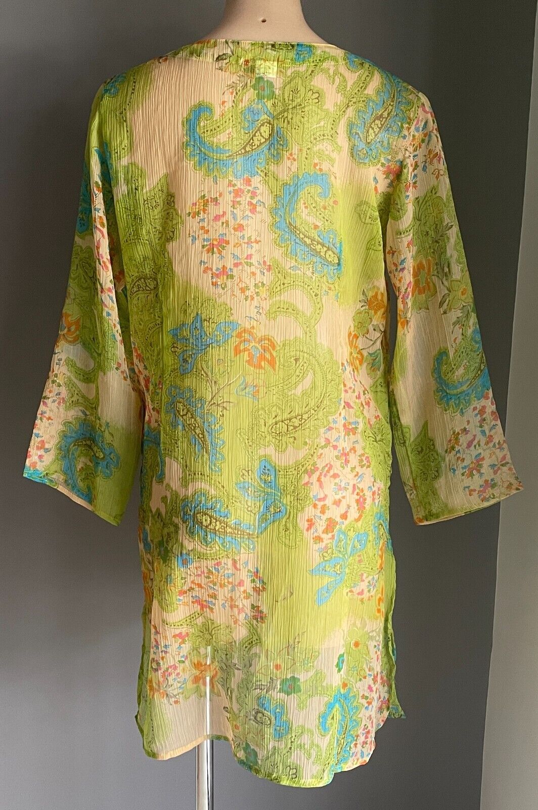 Beach Cover Top Multicoloured Tunic Paisley & Floral Semi Sheer 3/4 Sleeve Sz 10