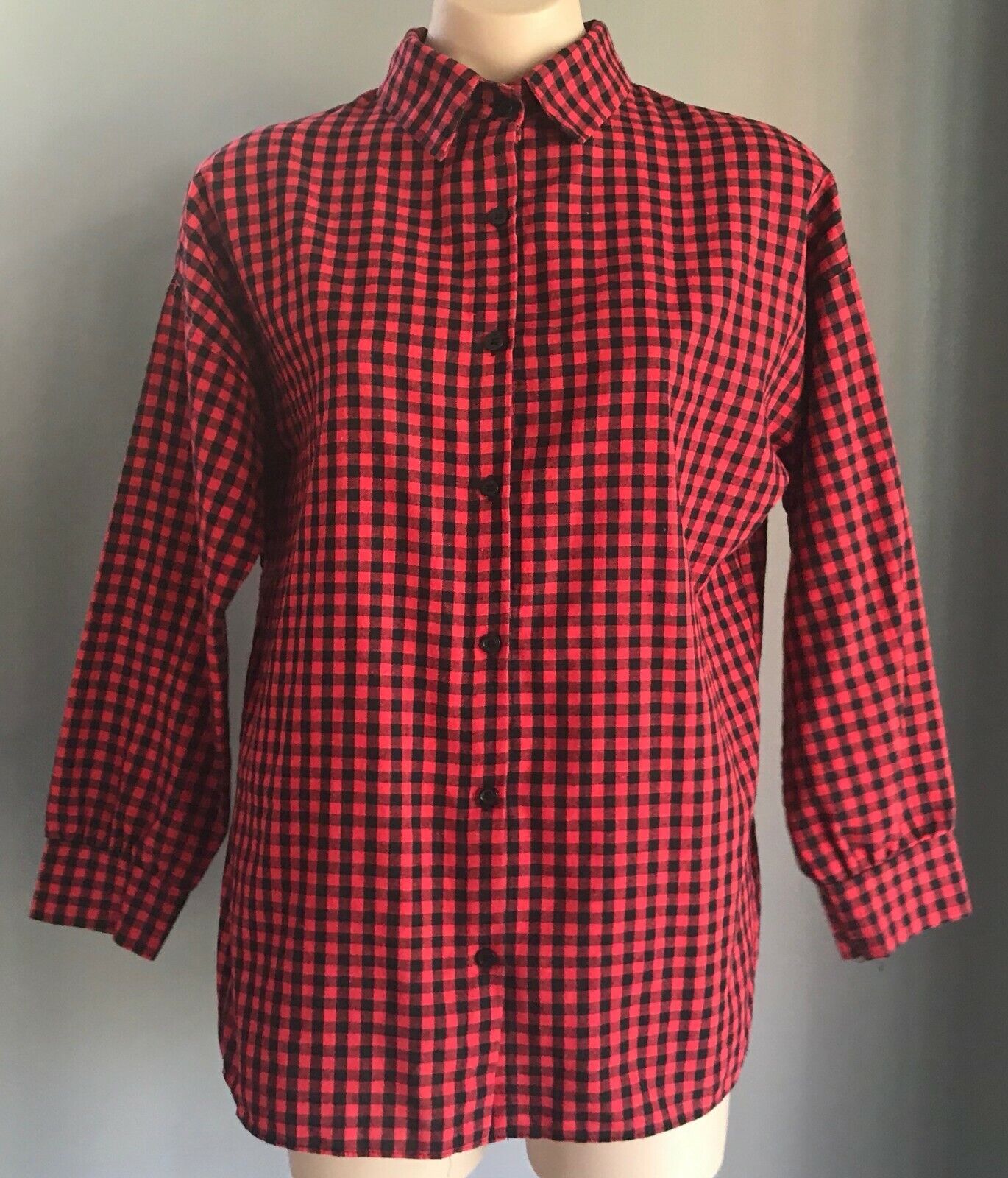 DARPHIN Button Shirt Black Red Check CrossOver Open Back Long Sleeve Top Size 14