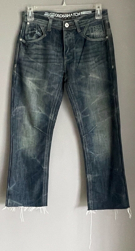 Mens CROSSHATCH Hornet Jeans Straight Leg Dark Denim Wash Fray Hem Sz 30 W 80cm