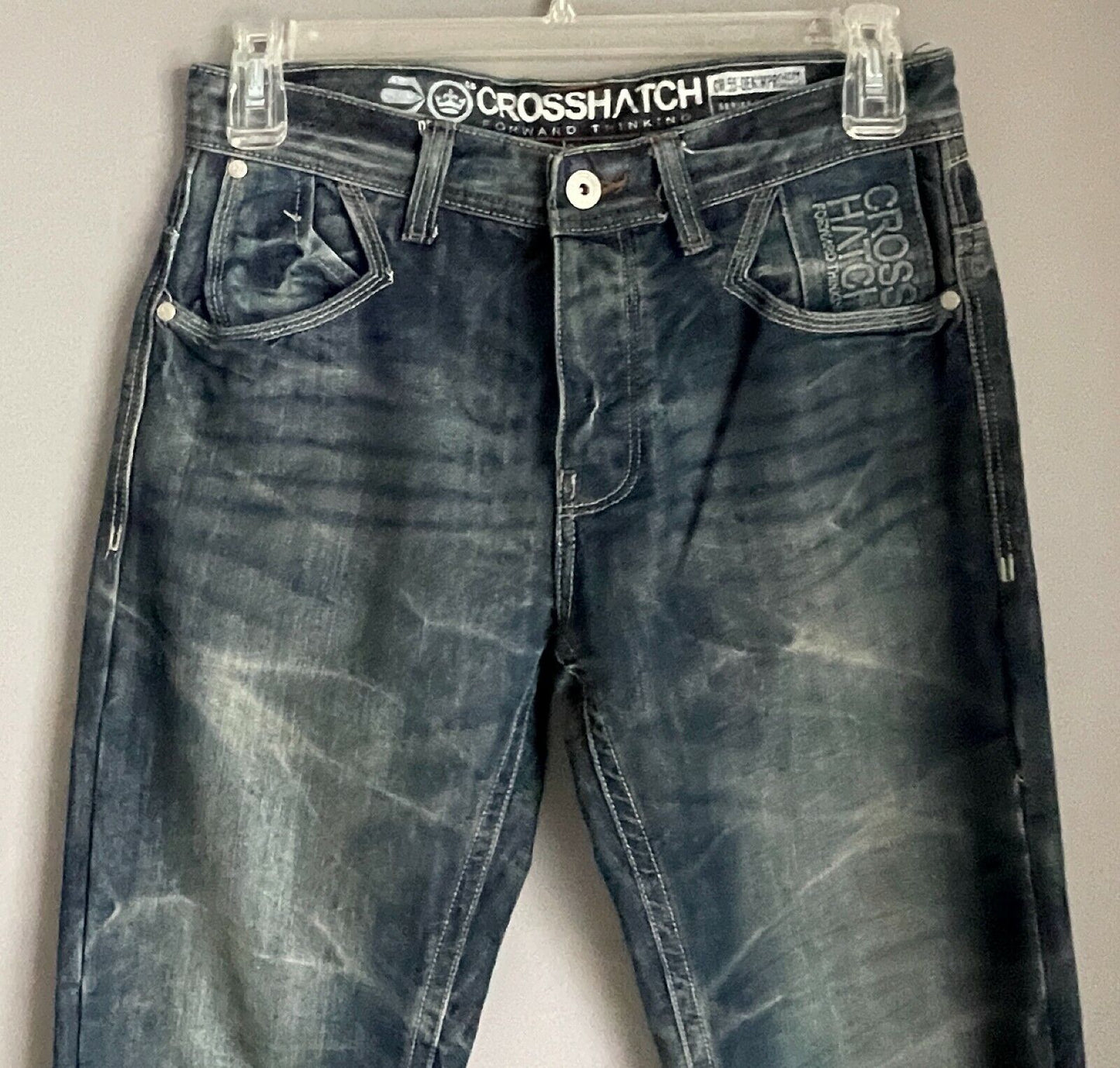 Mens CROSSHATCH Hornet Jeans Straight Leg Dark Denim Wash Fray Hem Sz 30 W 80cm