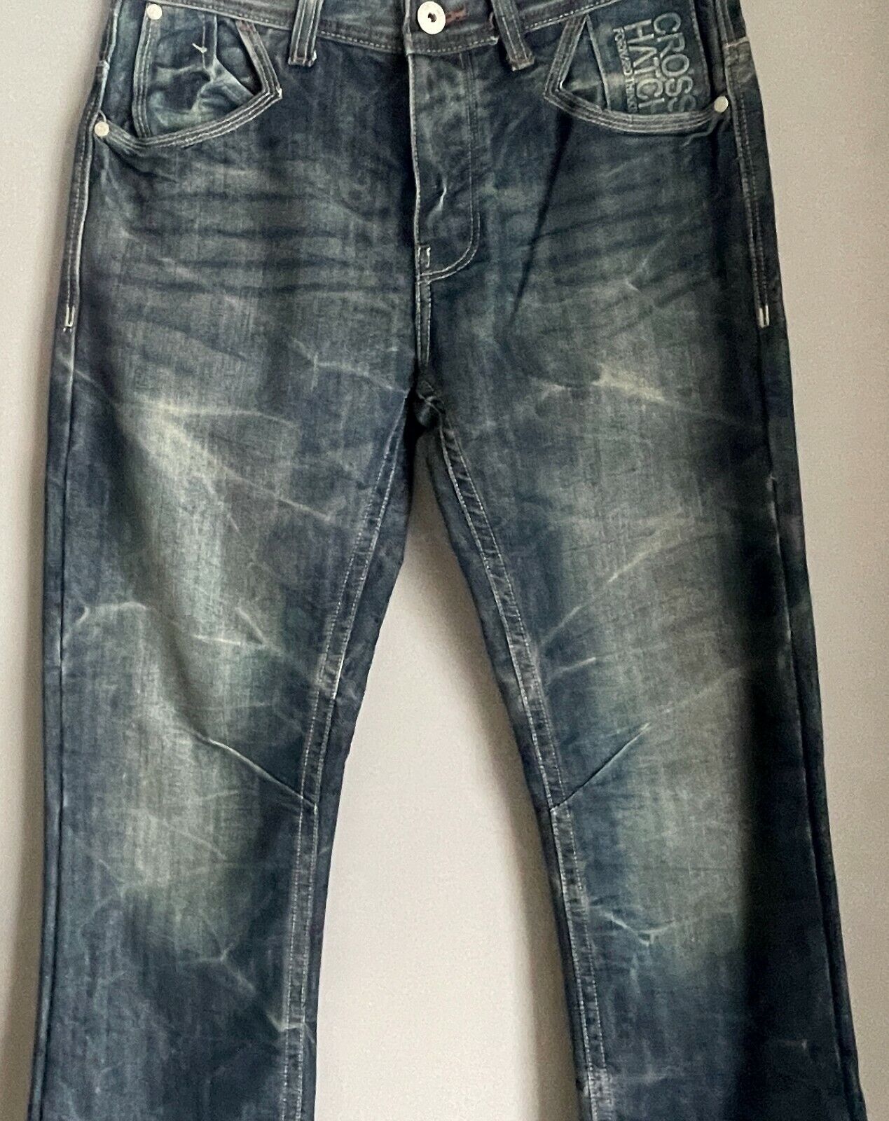 Mens CROSSHATCH Hornet Jeans Straight Leg Dark Denim Wash Fray Hem Sz 30 W 80cm