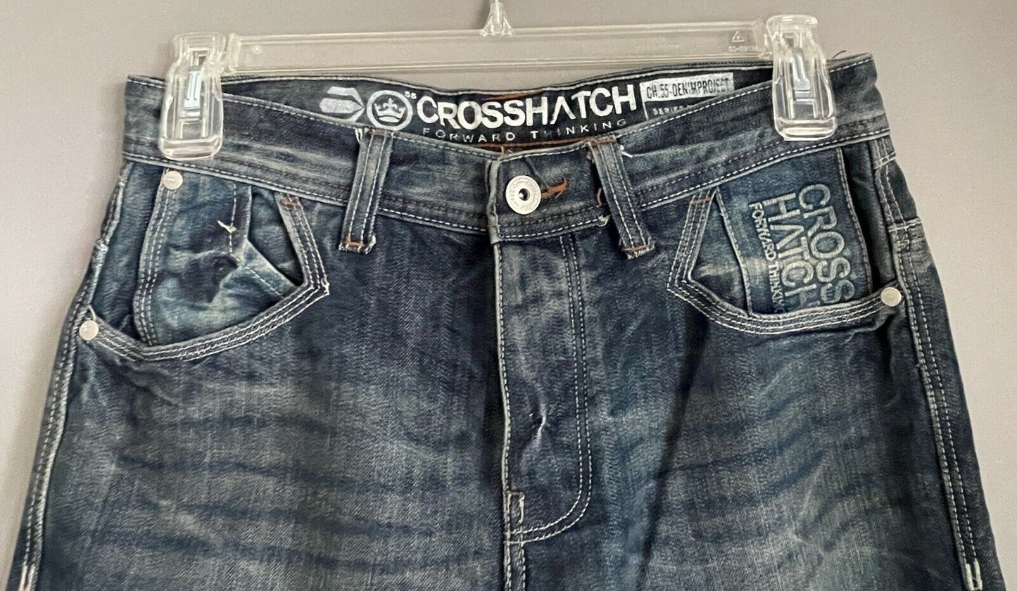 Mens CROSSHATCH Hornet Jeans Straight Leg Dark Denim Wash Fray Hem Sz 30 W 80cm