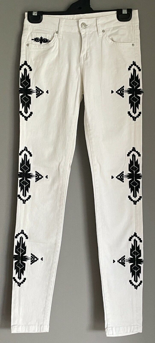 CUBUS Ivy Pant Denim Jeans White Skinny Leg Stretch Black Embroidery W25 AU6 NEW