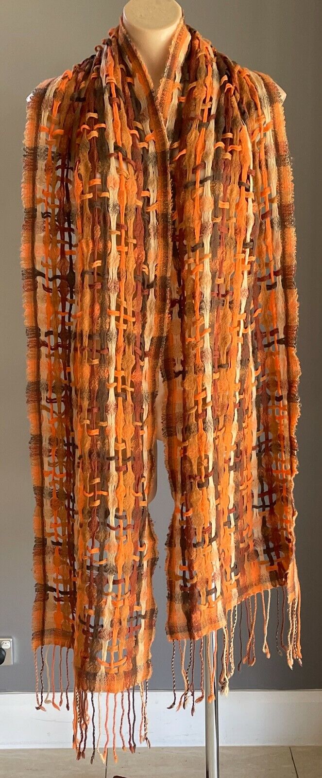 Chunky Open Knit Scarf Brown Orange Beige Rectangle Fringe Trim Unisex NEW