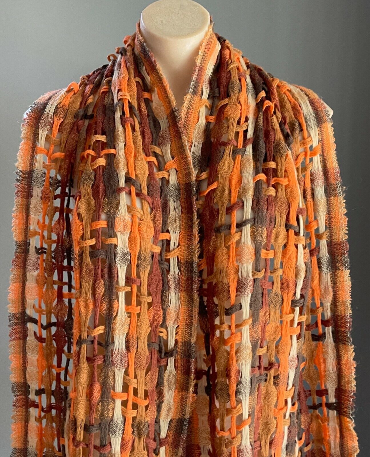 Chunky Open Knit Scarf Brown Orange Beige Rectangle Fringe Trim Unisex NEW