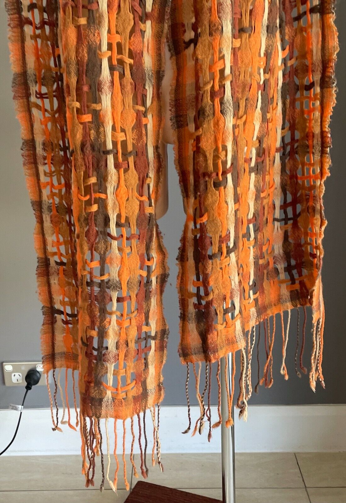 Chunky Open Knit Scarf Brown Orange Beige Rectangle Fringe Trim Unisex NEW