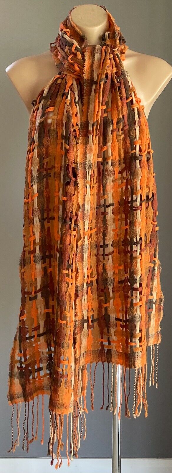 Chunky Open Knit Scarf Brown Orange Beige Rectangle Fringe Trim Unisex NEW