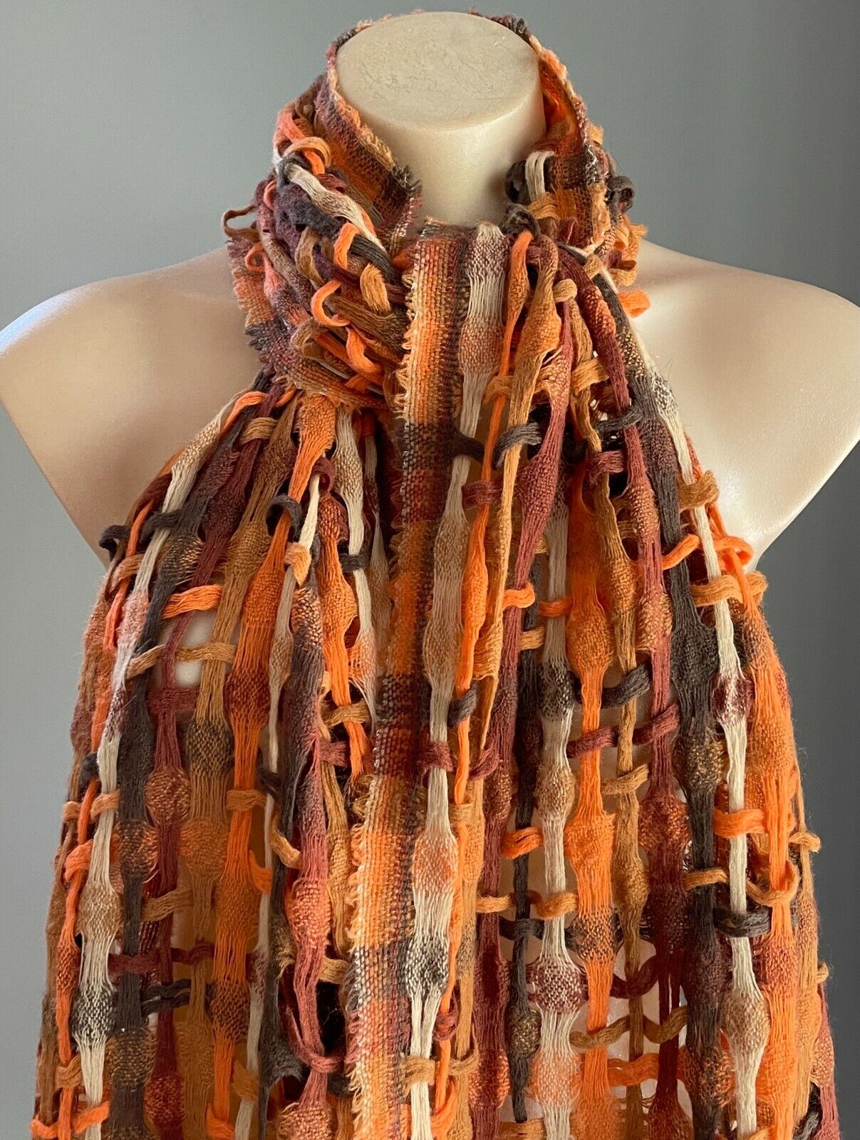 Chunky Open Knit Scarf Brown Orange Beige Rectangle Fringe Trim Unisex NEW