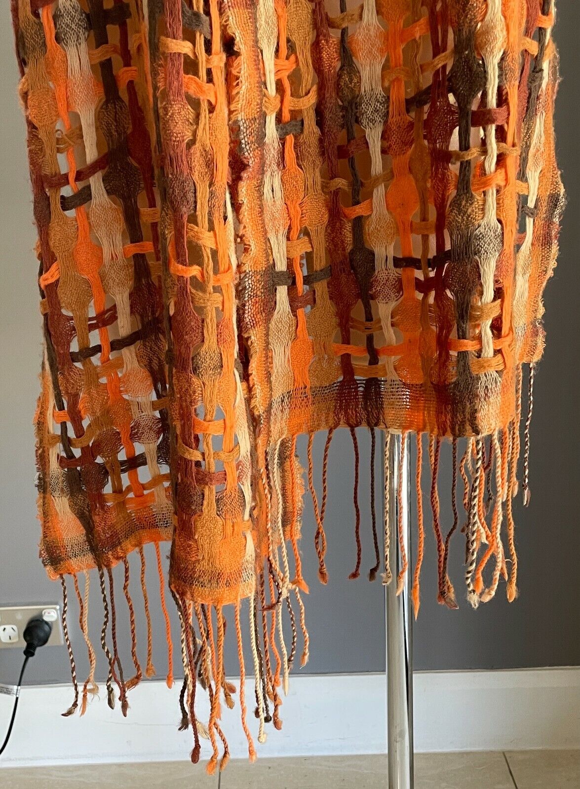 Chunky Open Knit Scarf Brown Orange Beige Rectangle Fringe Trim Unisex NEW