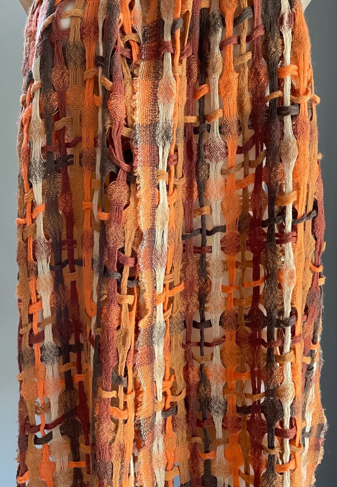 Chunky Open Knit Scarf Brown Orange Beige Rectangle Fringe Trim Unisex NEW