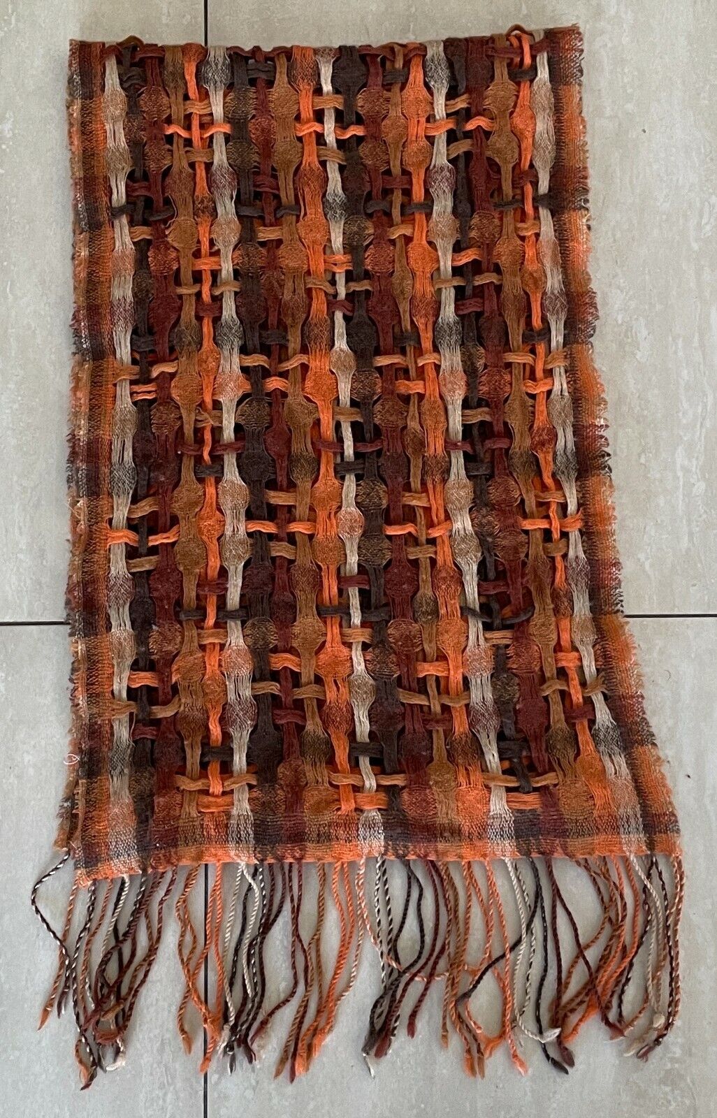 Chunky Open Knit Scarf Brown Orange Beige Rectangle Fringe Trim Unisex NEW