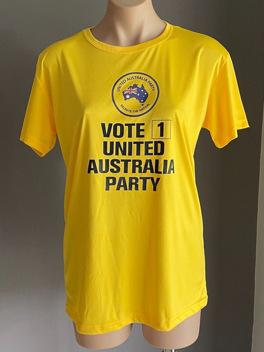 T-Shirt 2022 Yellow UNITED AUSTRALIA PARTY Vote 1 Clive Palmer Politics UAP XXXL