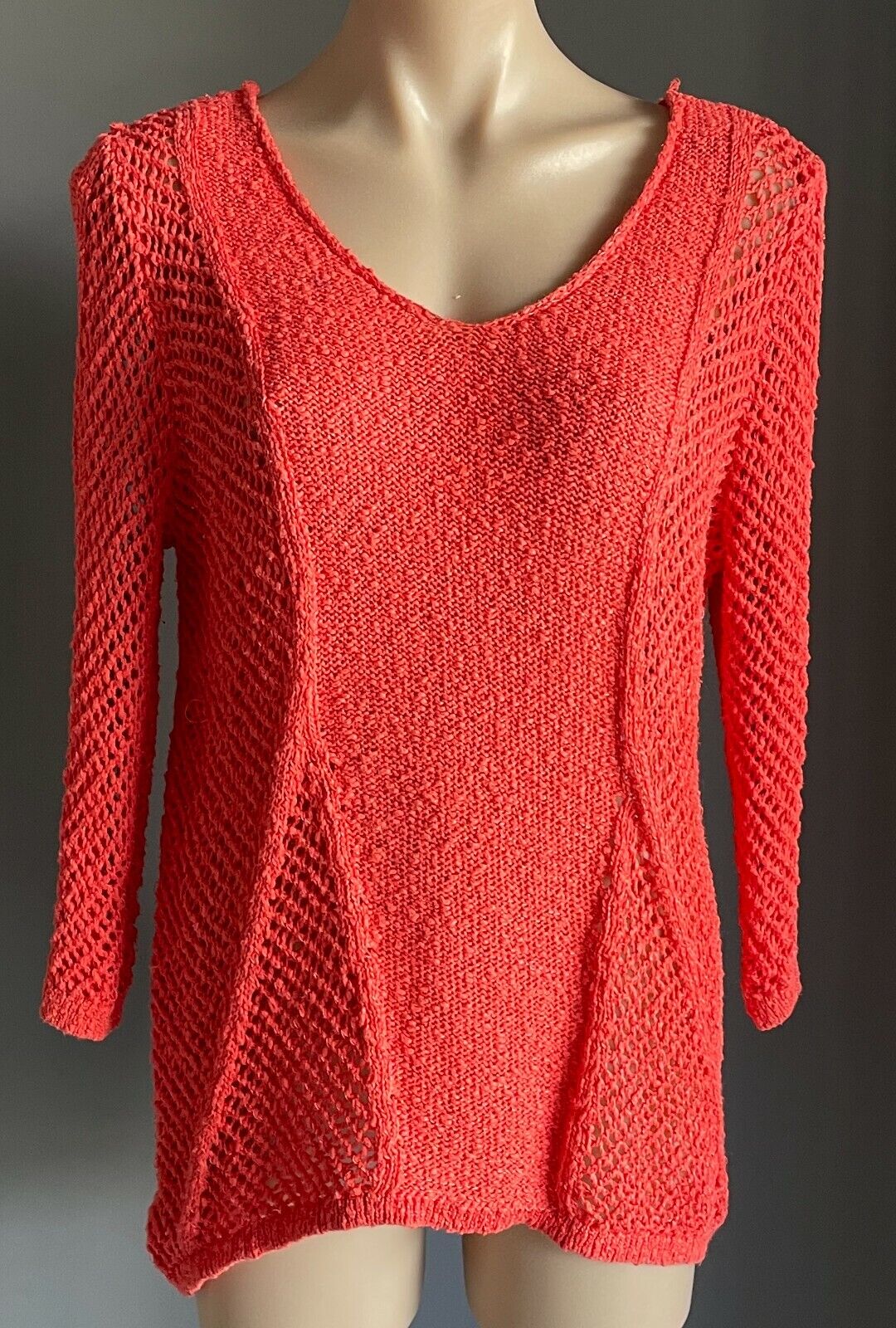 ROCKMANS Jumper Orange Coral V Neck Crochet Boucle Knit 3/4 Sleeve Sweater Sz L
