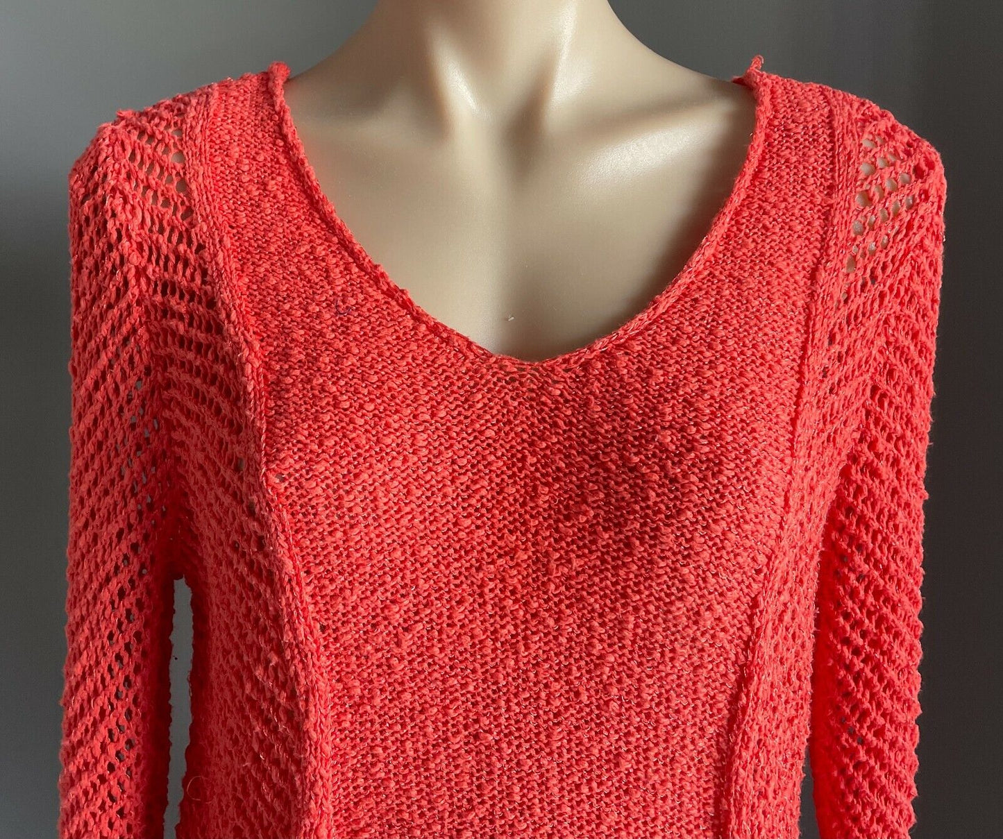 ROCKMANS Jumper Orange Coral V Neck Crochet Boucle Knit 3/4 Sleeve Sweater Sz L