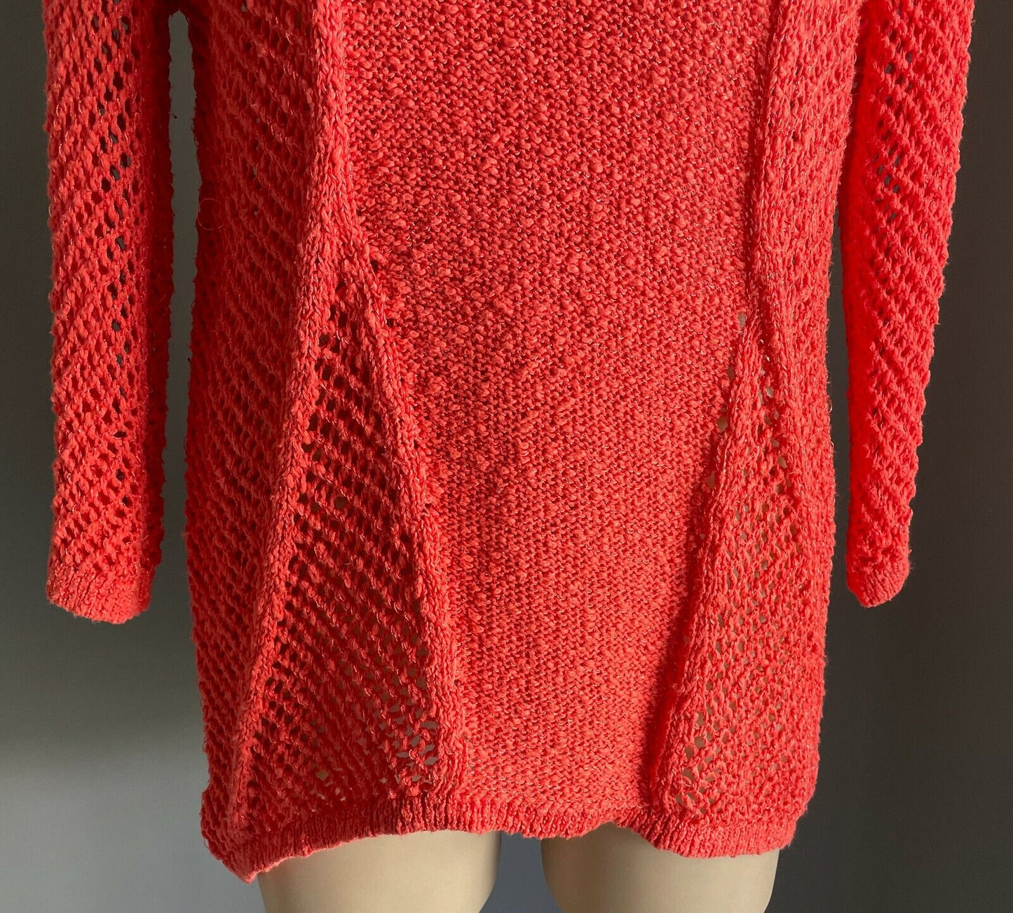 ROCKMANS Jumper Orange Coral V Neck Crochet Boucle Knit 3/4 Sleeve Sweater Sz L