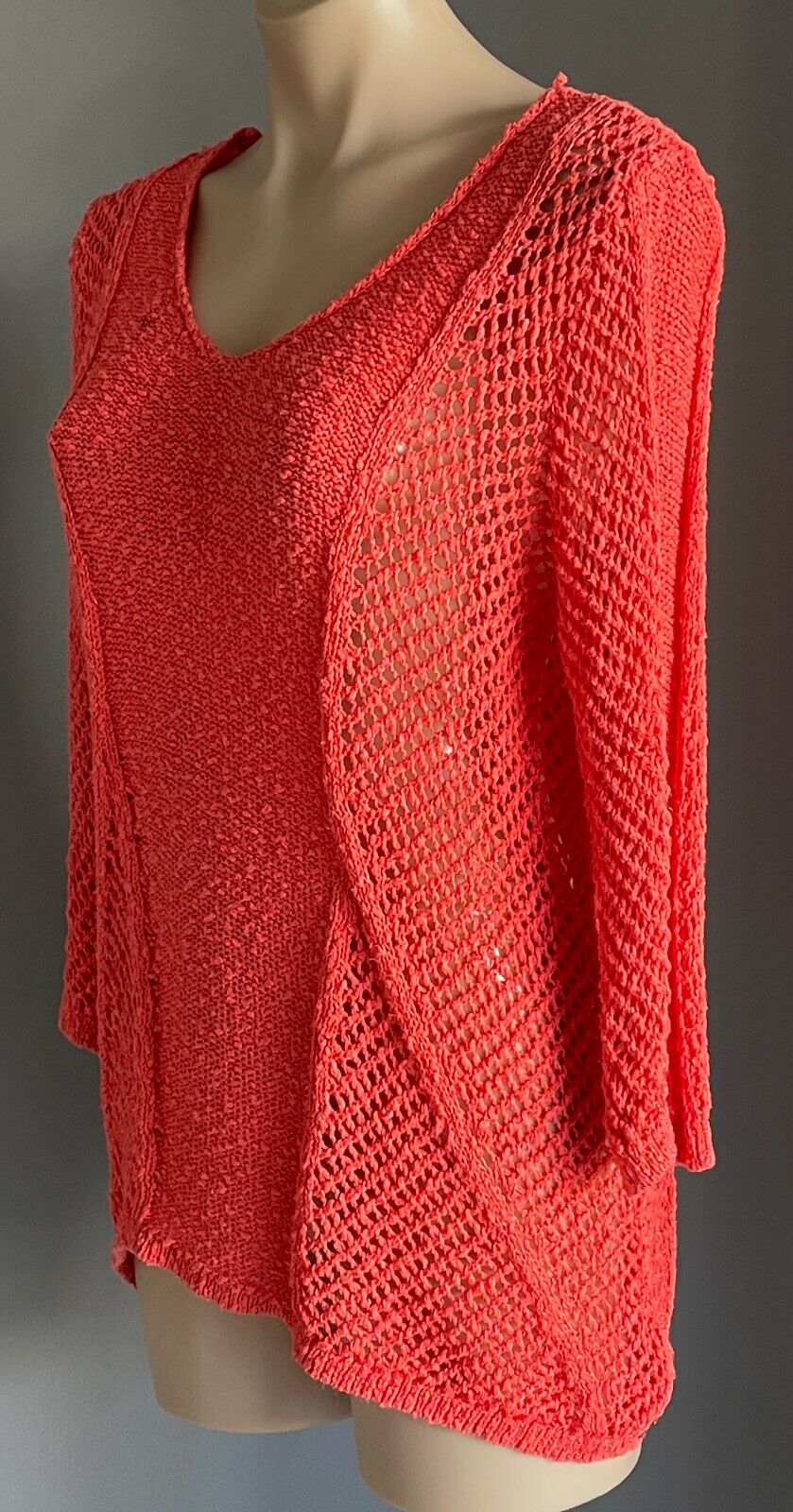 ROCKMANS Jumper Orange Coral V Neck Crochet Boucle Knit 3/4 Sleeve Sweater Sz L