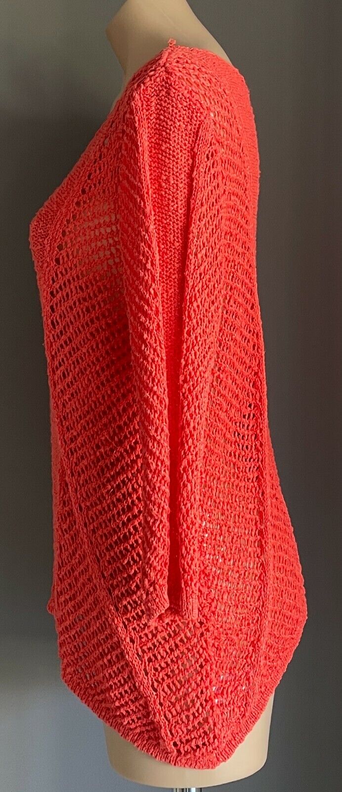 ROCKMANS Jumper Orange Coral V Neck Crochet Boucle Knit 3/4 Sleeve Sweater Sz L