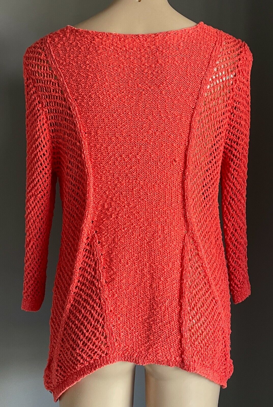 ROCKMANS Jumper Orange Coral V Neck Crochet Boucle Knit 3/4 Sleeve Sweater Sz L