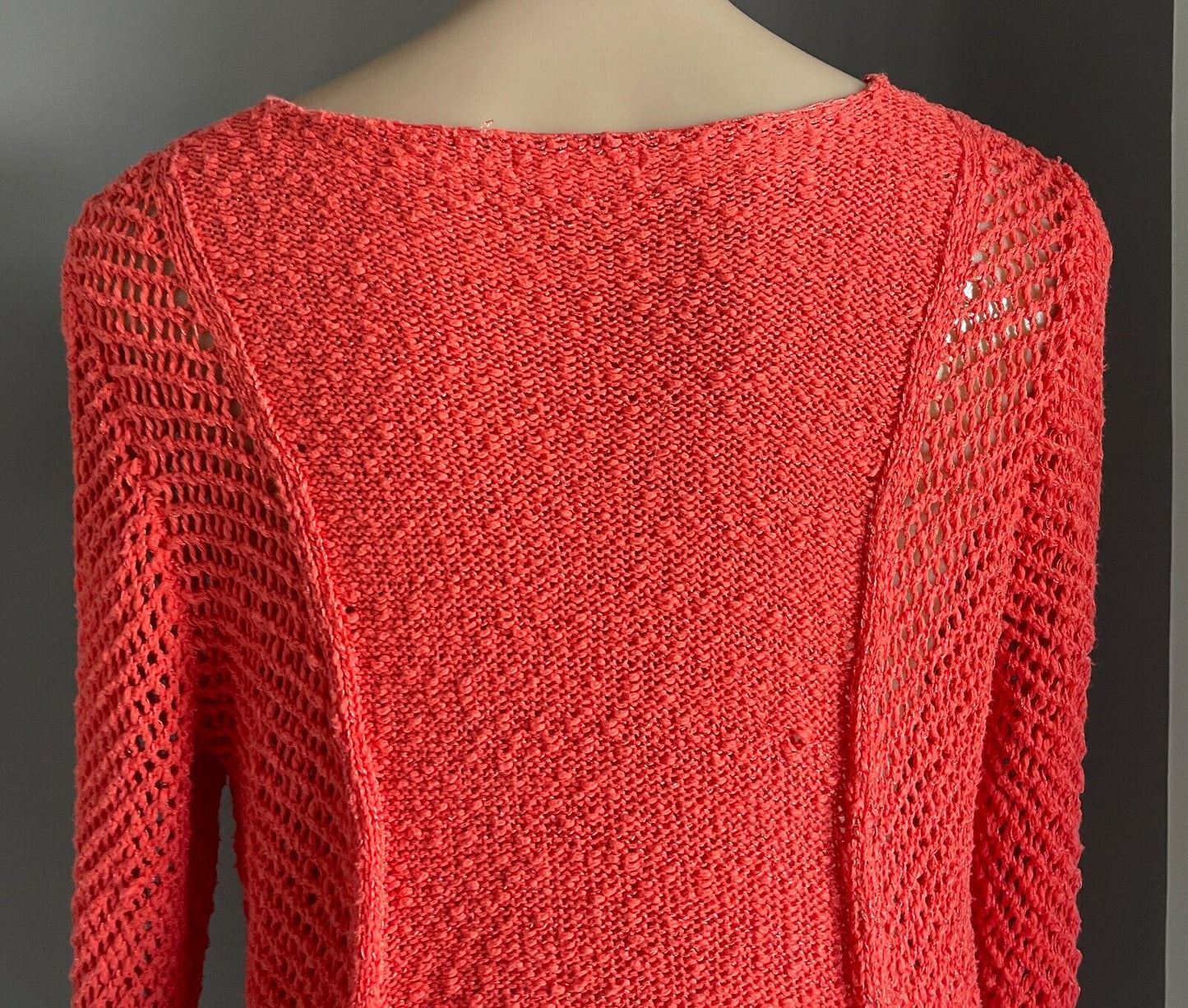 ROCKMANS Jumper Orange Coral V Neck Crochet Boucle Knit 3/4 Sleeve Sweater Sz L