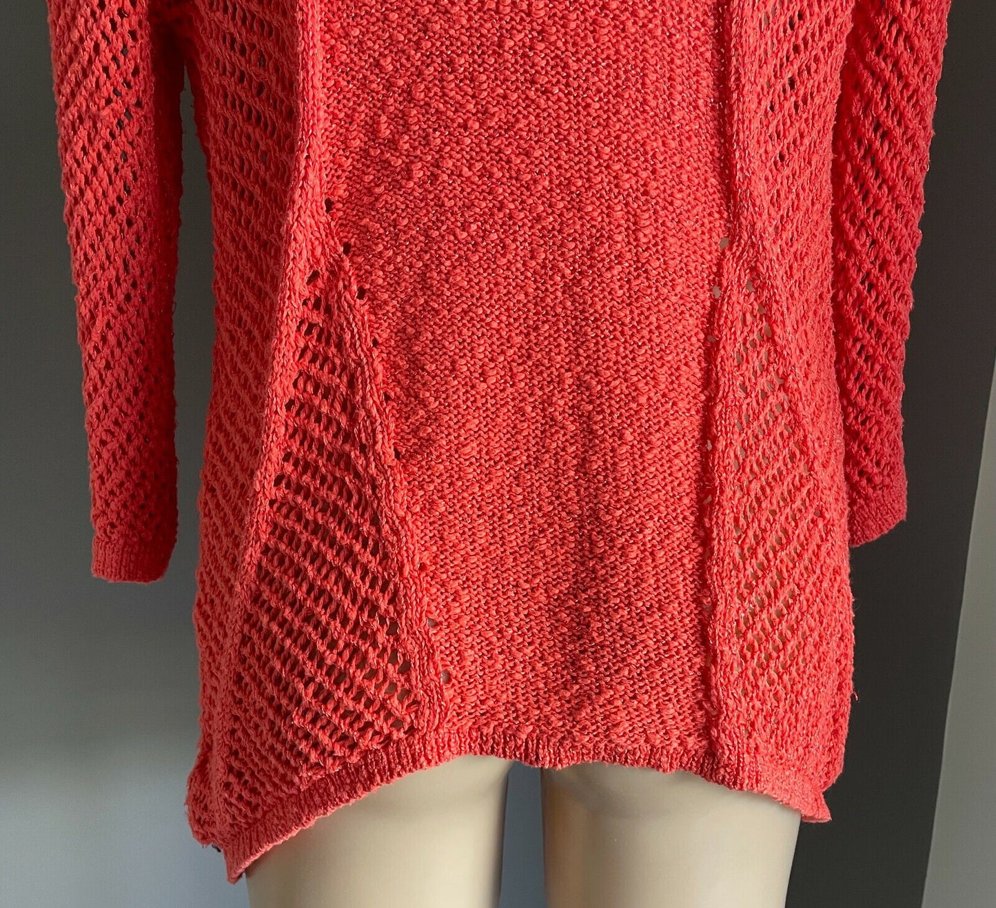 ROCKMANS Jumper Orange Coral V Neck Crochet Boucle Knit 3/4 Sleeve Sweater Sz L