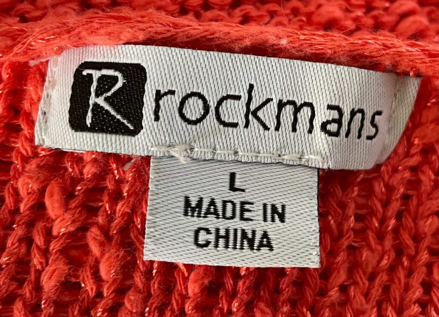 ROCKMANS Jumper Orange Coral V Neck Crochet Boucle Knit 3/4 Sleeve Sweater Sz L
