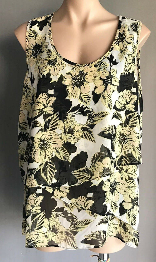 Floral  BlouseY ellow Black White Blush Top Tier Sleeveless Plus Ladies Size 18