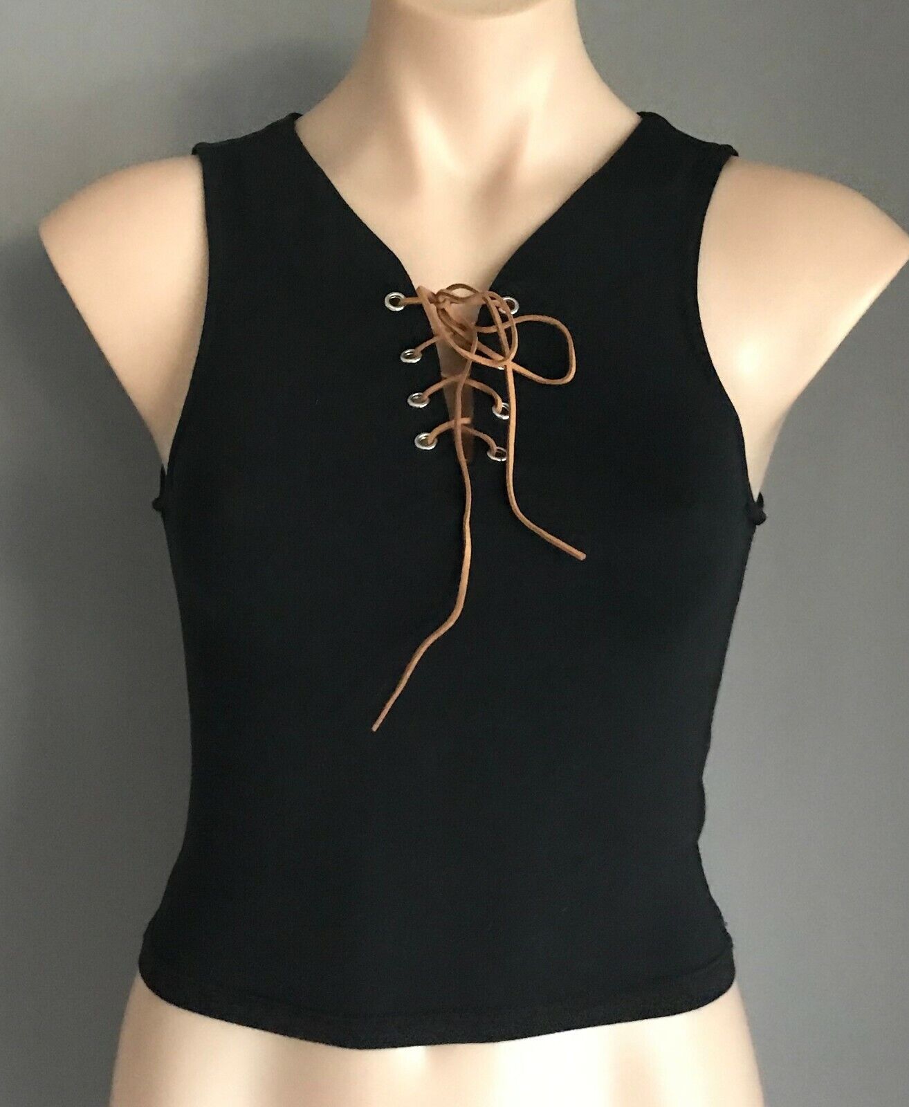 DREAM HOUSE Crop Top Black Stretch Sleeveless Laces at Chest Size 10 1970's Look