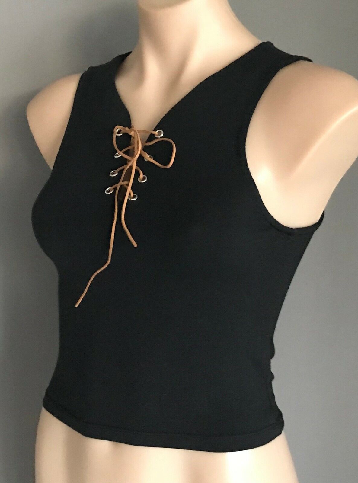 DREAM HOUSE Crop Top Black Stretch Sleeveless Laces at Chest Size 10 1970's Look