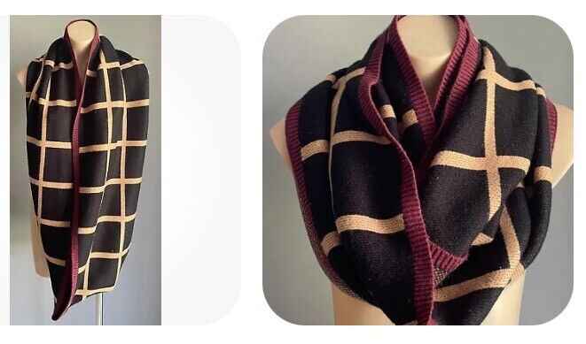 Infinity Scarf Black & Caramel Large Square Snood Burgundy Trim Super Warm Thick