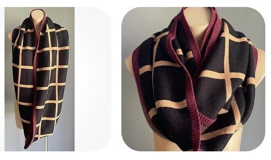Infinity Scarf Black & Caramel Large Square Snood Burgundy Trim Super Warm Thick
