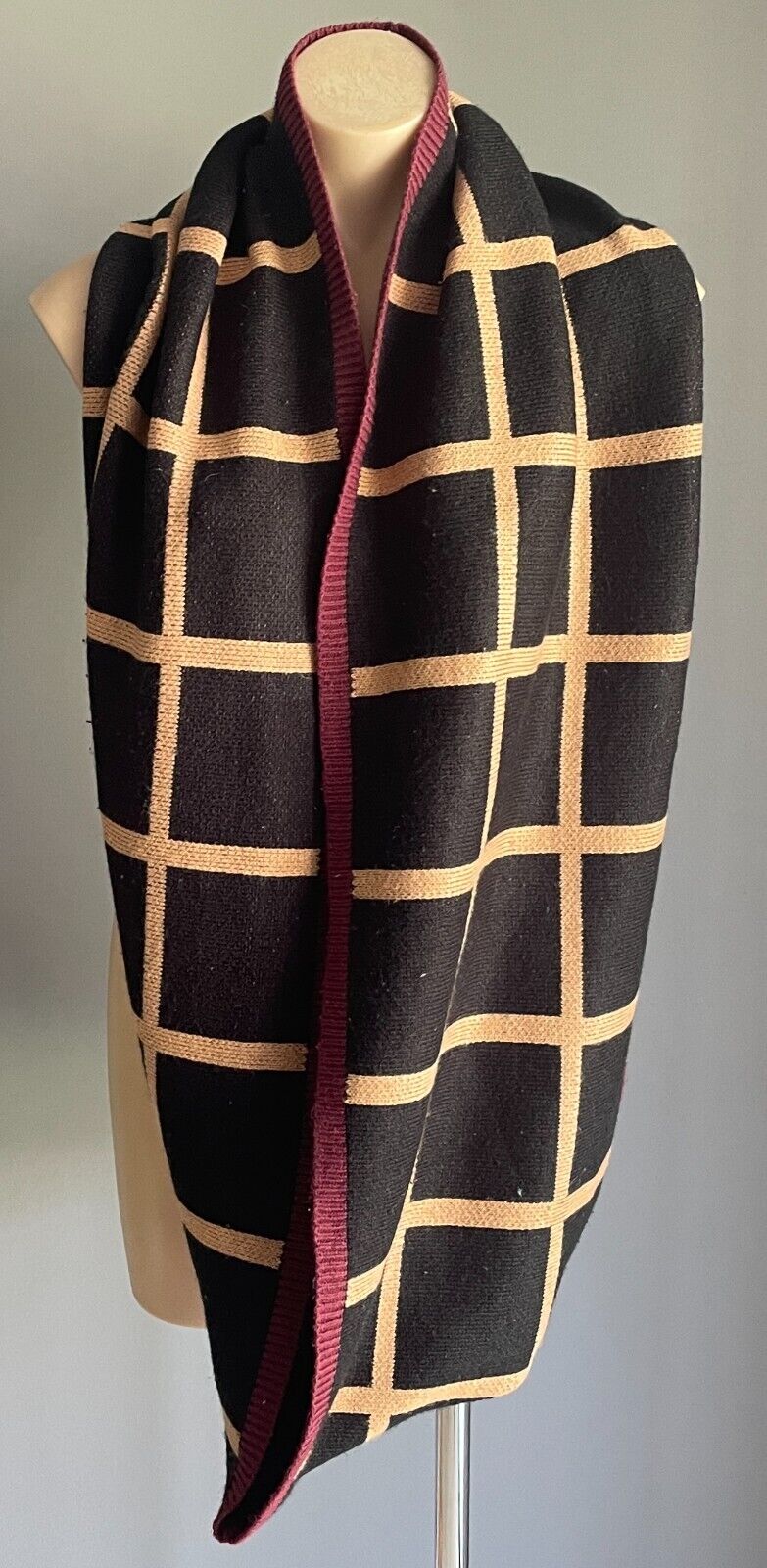Infinity Scarf Black & Caramel Large Square Snood Burgundy Trim Super Warm Thick