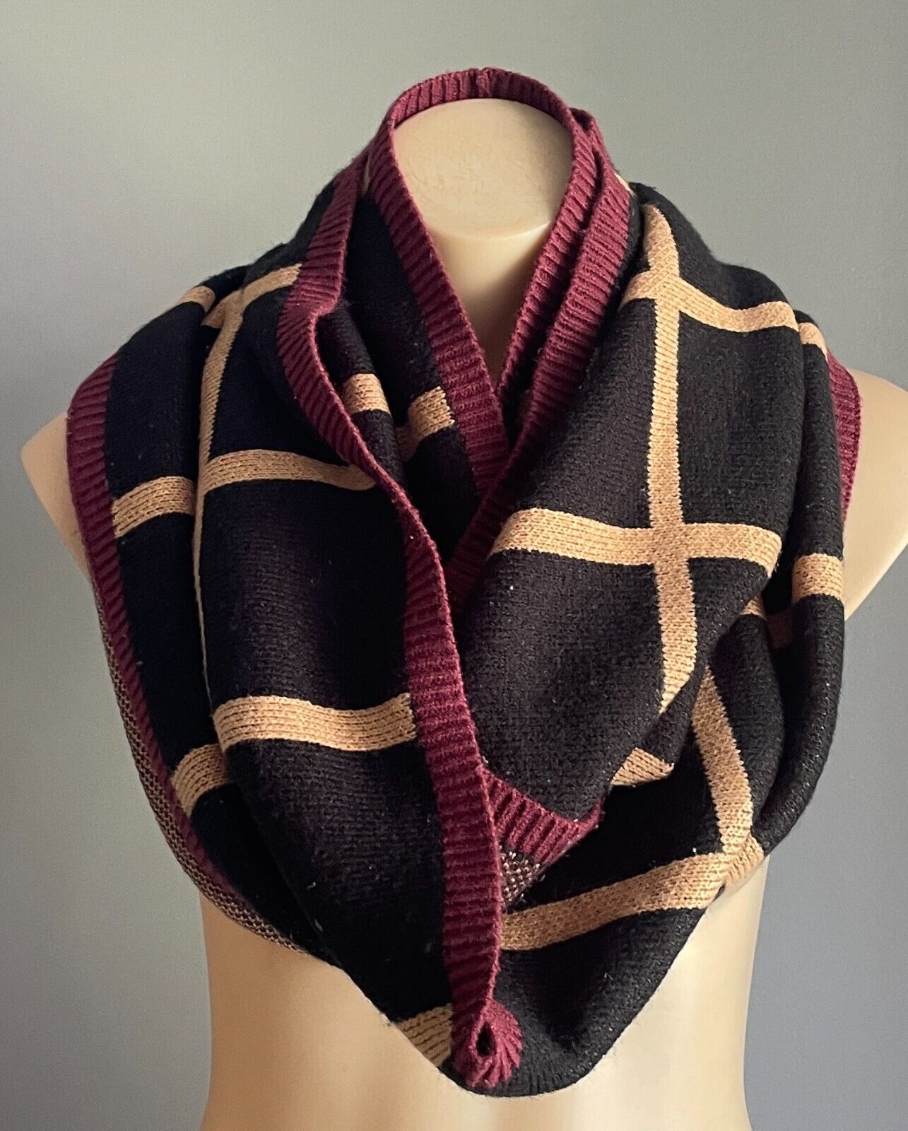Infinity Scarf Black & Caramel Large Square Snood Burgundy Trim Super Warm Thick