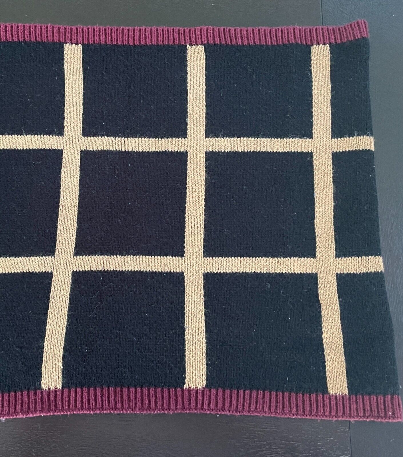 Infinity Scarf Black & Caramel Large Square Snood Burgundy Trim Super Warm Thick